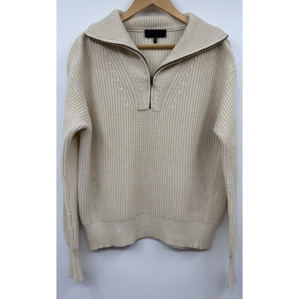 Nili Lotan Hester Ribbed Knit 1/4 Zip Cashmere Sweater Ivory Cream SM Coastal